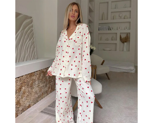 Женский муслиновый костюм 2SYCK1853B1 для дома рубашка с длинным рукавом брюки пижама Кремовый с сердечками S