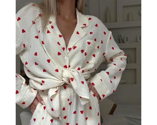 Женский муслиновый костюм 2SYCK1853B1 для дома рубашка с длинным рукавом брюки пижама Кремовый с сердечками XL