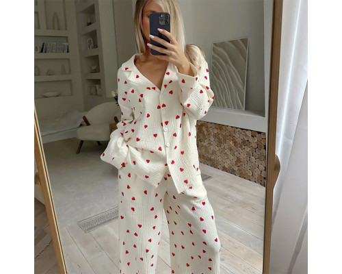 Женский муслиновый костюм 2SYCK1853B1 для дома рубашка с длинным рукавом брюки пижама Кремовый с сердечками XL