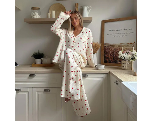 Женский муслиновый костюм 2SYCK1853B1 для дома рубашка с длинным рукавом брюки пижама Кремовый с сердечками XL