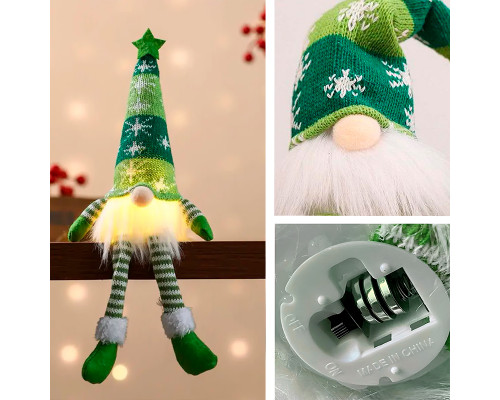 Новогодний Гном N2 для праздничного декора с Led подсветкой 20 см Green
