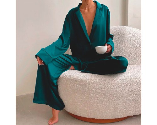 Женский шелковый комплект для дома и сна 2SYCK1315 рукашка и штаны женская пижама атласная Изумрудный S