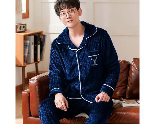 Комплект мужской пижамы CK-208 Dark Blue рубашка с длинным рукавом и штанами теплая 2XL