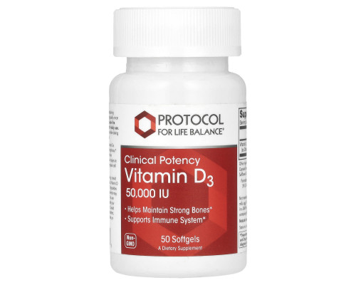 Вітамін D3, Vitamin D3, Protocol for Life Balance, клінічна сила, 50 000 МО, 50 гелевих капсул
