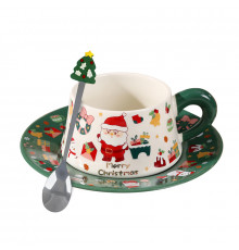 Рождественская чашка "Merry Christmass" Санта-Клаус JJX005 кружка с блюдцем с ложечкой новогодняя в подарочной упаковке Green