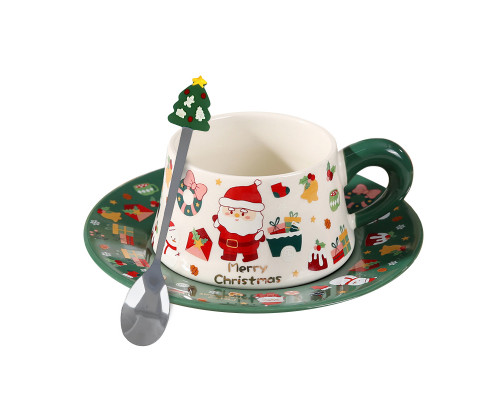 Рождественская чашка "Merry Christmass" Санта-Клаус JJX005 кружка с блюдцем с ложечкой новогодняя в подарочной упаковке Green