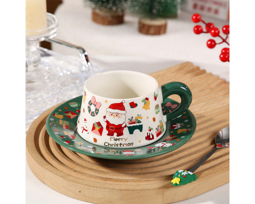 Рождественская чашка "Merry Christmass" Санта-Клаус JJX005 кружка с блюдцем с ложечкой новогодняя в подарочной упаковке Green