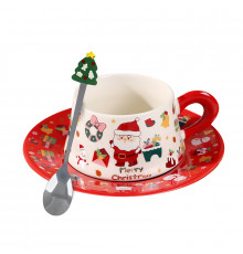Рождественская чашка "Merry Christmass" Санта-Клаус JJX005 кружка с блюдцем с ложечкой новогодняя в подарочной упаковке Red