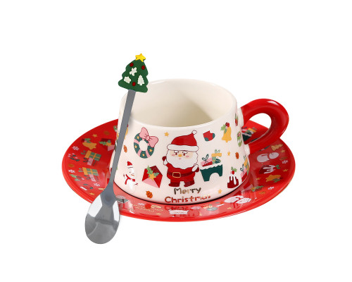 Рождественская чашка "Merry Christmass" Санта-Клаус JJX005 кружка с блюдцем с ложечкой новогодняя в подарочной упаковке Red