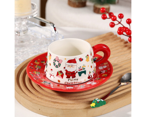 Рождественская чашка "Merry Christmass" Санта-Клаус JJX005 кружка с блюдцем с ложечкой новогодняя в подарочной упаковке Red