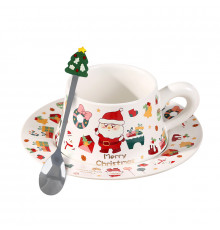 Рождественская чашка "Merry Christmass" Санта-Клаус JJX005 кружка с блюдцем с ложечкой новогодняя в подарочной упаковке White