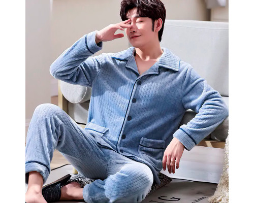 Комплект мужской пижамы CK-215 Light Blue рубашка с длинным рукавом и штанами теплая 2XL