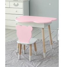 Столик облачка с нишей для вещей 54х68х50 и стульчик спинка мишка 26.5х26х25, стол и стул в детскую, белый с розовым