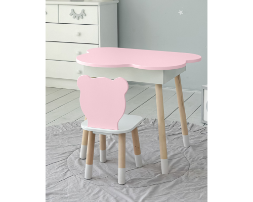 Столик облачка с нишей для вещей 54х68х50 и стульчик спинка мишка 26.5х26х25, стол и стул в детскую, белый с розовым