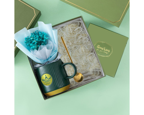 Сувенирный подарочный набор 7X12 чашка+ложка+букет из гипсофилы Blue