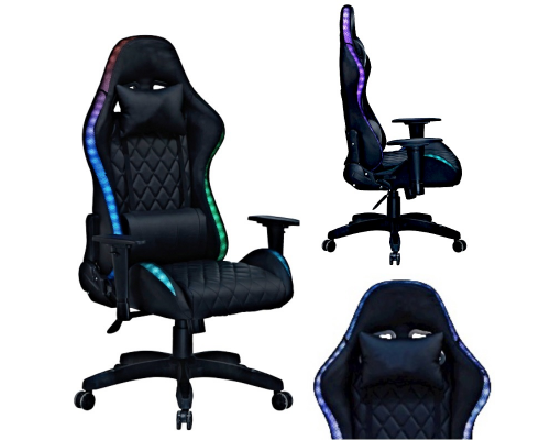 Геймерское компьютерное кресло с RGB-подсветкой, 2 подушками и регулировкой угла наклона спинки, Черный (G400)