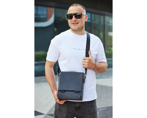 Кожаная мужская сумка-месенджер 21x24x6, барсетка из натуральной кожи Tiding Bag 9389 черная