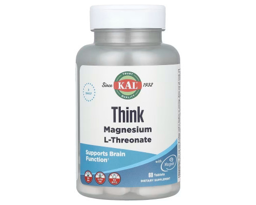 Магній L-треонат, Magnesium L-Threonate, KAL, для мозку, 2000 мг, 60 таблеток