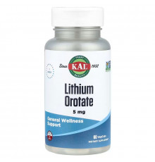 Літій, Lithium Orotate, KAL, 5 мг, 60 вегетаріанських капсул