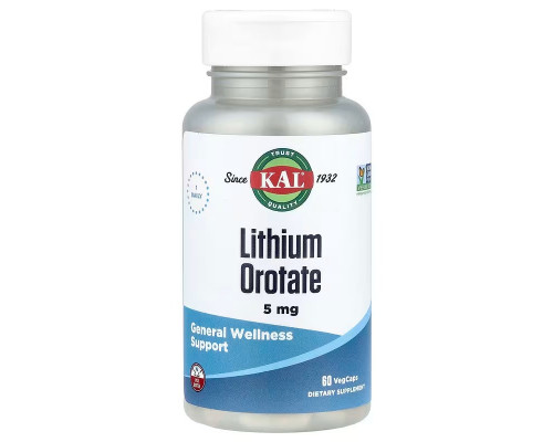 Літій, Lithium Orotate, KAL, 5 мг, 60 вегетаріанських капсул