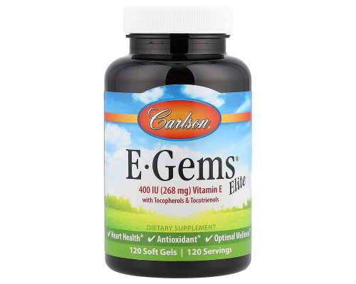 Вітамін Е, E-Gems, Elite, Vitamin E, Carlson, з токоферолами та токотрієнолами, 120 гелевих капсул