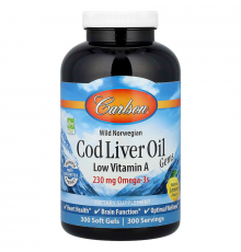 Риб'ячий жир з печінки тріски, Cod Liver Oil Gems, Carlson, лимон, з низьким вмістом вітаміну А, 300 гелевих капсул