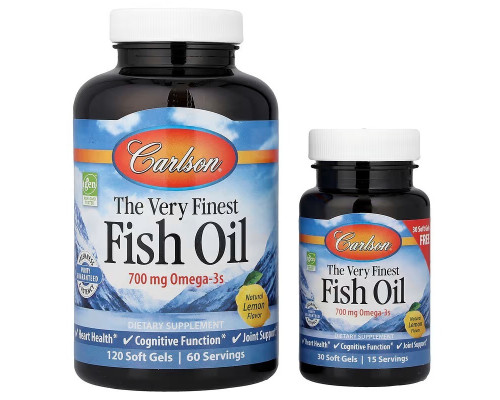 Риб'ячий жир, The Very Finest Fish Oil, Carlson, смак лимона, 700 мг, 120 + 30 гелевих капсул