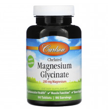 Магній гліцинат хелат, Chelated Magnesium Glycinate, Carlson, 200 мг, 90 таблеток