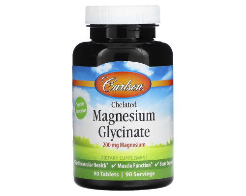 Магній гліцинат хелат, Chelated Magnesium Glycinate, Carlson, 200 мг, 90 таблеток