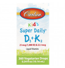 Вітамін D3 і вітамін К-2, для дітей, Super Daily D3 + K2, Carlson, рідина, 25 мкг (1000 МО) і 22,5 мкг, 10,16 мл