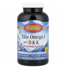 Омега 3 + вітамін D3 та вітамін К, Elite Omega-3 Plus D&K, Carlson, натуральний лимон, 180 гелевих капсул