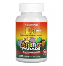 Вітамін D-3, Vitamin D 3, Nature's Plus, Animal Parade, смак чорної вишні, без цукру, 12,5 мкг (500 МО), 90 жувальних таблеток у формі тварин