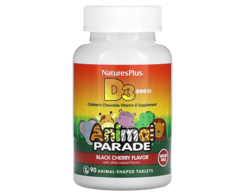 Вітамін D-3, Vitamin D 3, Nature's Plus, Animal Parade, смак чорної вишні, без цукру, 12,5 мкг (500 МО), 90 жувальних таблеток у формі тварин