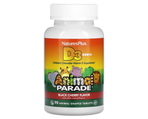 Вітамін D-3, Vitamin D3, Nature's Plus, Animal Parade, смак чорної вишні, 12,5 мкг (500 МО), 90 жувальних таблеток у формі тварин