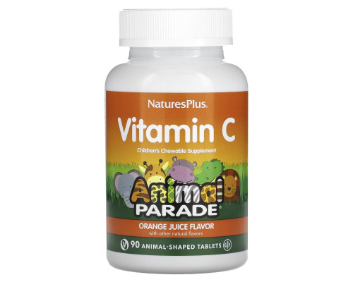 Вітамін С, Children's Chewable Vitamin C, Nature's Plus, Animal Parade, апельсиновий смак, 90 жувальних цукерок
