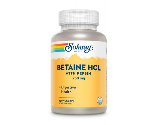 Бетаїн HCl + пепсин, HCL with Pepsin, Solaray, 250 мг, 180 капсул