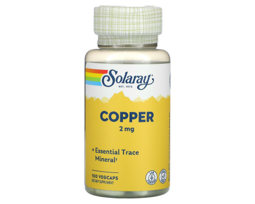 Мідь, Copper, Solaray, 2 мг, 100 капсул