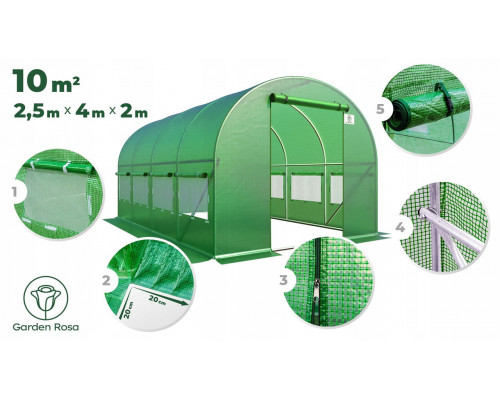 Садовая теплица 10 м² (4 x 2,5 х 2 м) Зеленая (Польша)