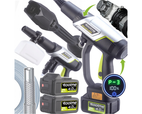 Аккумуляторная мойка высокого давления Toolme TM280 PRO BRUSHLESS 450 Вт с алюминиевой помпой, 2 АКБ 21В, пеногенератор (Польша)