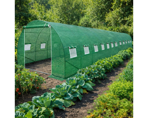 Садовая теплица 36 м2 (12 х 3 х 2 м) с армированной пленкой 140 г/м2 UV4, с окнами, труба 25 мм, Зеленая (Польша)