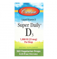 Вітамін D3, Super Daily D3, Carlson, 25 мкг (1000 МО), 10,3 мл