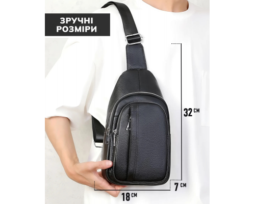 Мужской кожаный слинг на одно плечо 18х32х7, сумка кросс боди TIDING BAG A25F-3204-1A черная
