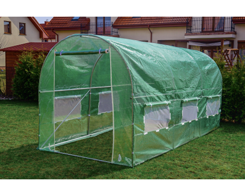 Садовая теплица 9 м2 (4,5 × 2 × 2 м) с окнами, армированная пленка UV-4, Зеленая (Польша)