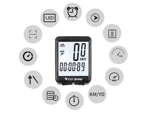 Велокомпьютер West Biking 0702054 с подсветкой White Беспроводной