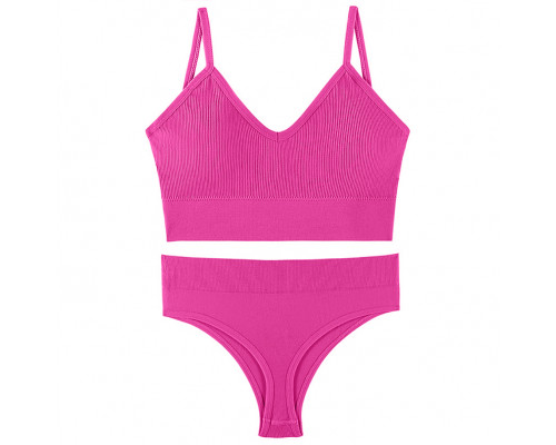 Бесшовный комплект женского белья в рубчик трусы и топ 1608# Розовый электрик M 70/75 ABC
