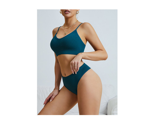 Бесшовный комплект женского белья в текстуре косичка трусы и топ 6608# Изумрудный L