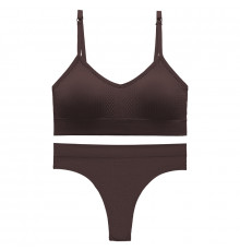 Бесшовный комплект женского белья в текстуре косичка трусы и топ 6608# Коричневый L
