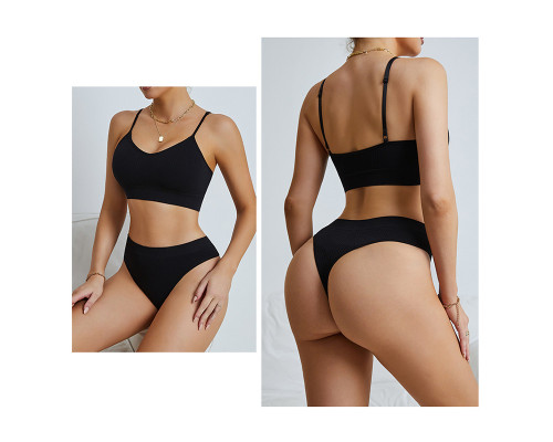 Бесшовный комплект женского белья в текстуре косичка трусы и топ 6608# Черный L