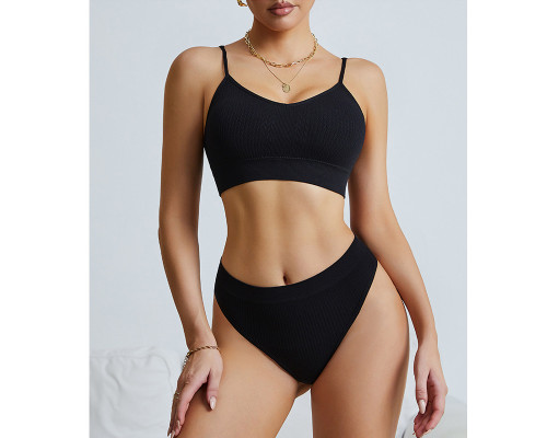 Бесшовный комплект женского белья в текстуре косичка трусы и топ 6608# Черный L