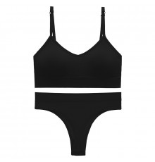 Бесшовный комплект женского белья в текстуре косичка трусы и топ 6608# Черный M